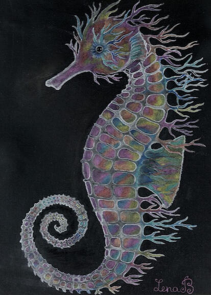 Ocean&#39;s Jewel (16&#39;x12&quot; White charcoal and metallic pencils on black canvas, unstretched). $250